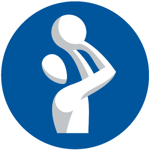 A circular blue icon featuring a white, stylized figure reaching up to shoot a basketball.