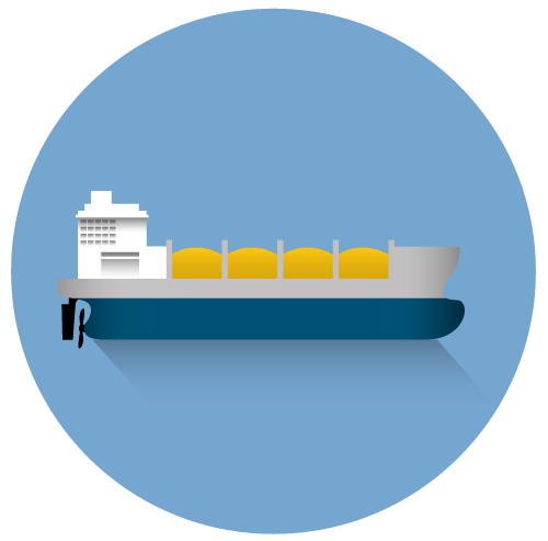 A flat, stylized illustration of a commercial cargo vessel featuring a blue and grey hull with four large, yellow cylindrical tanks on its deck, set against a light blue circular background.