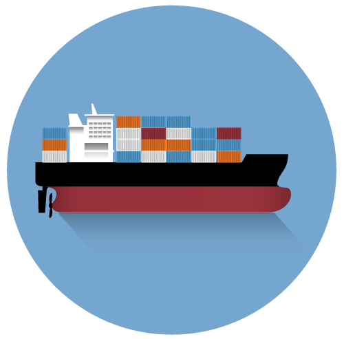 A flat, stylized illustration of a commercial container ship with a black and red hull, loaded with stacks of brightly colored shipping containers, set against a light blue circular background.