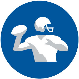 A circular blue icon featuring a white, stylized figure wearing a helmet and raising a football to throw a pass.