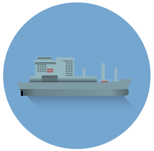 A flat, stylized illustration of a grey military or general cargo ship with a prominent superstructure and deck posts, set against a light blue circular background.