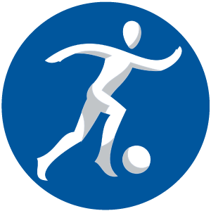A circular blue icon featuring a white, stylized figure running to kick a soccer ball.