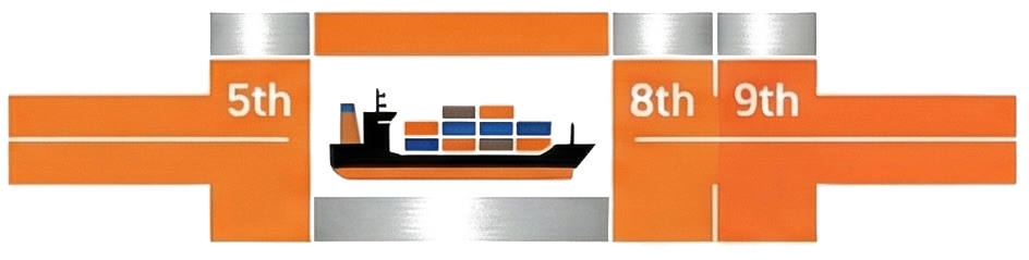 An orange timeline graphic featuring an illustration of a container ship, displaying the A-Split sea year schedule which takes place during the 5th, 8th, and 9th trimesters.
