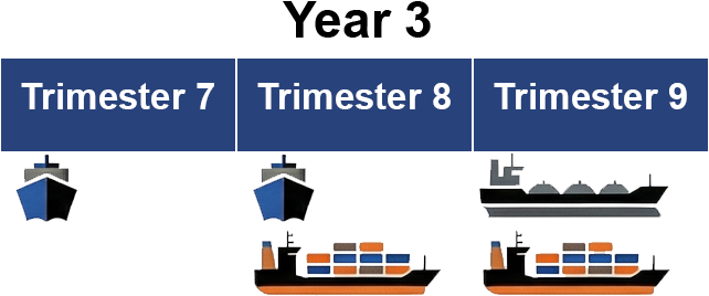 A graphic labeled 'Year 3' showing Trimesters 7, 8, and 9 in dark blue blocks. Ship icons indicate sea terms: a blue ship under Trimester 7 (B-Split), both a blue ship and an orange container ship under Trimester 8 (B-Split and A-Split), and both a grey tanker and an orange container ship under Trimester 9 (C-Split and A-Split).