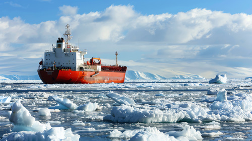 A bright red cargo vessel navigating through cold waters scattered with floating icebergs, set against a backdrop of snow-capped mountains and a cloudy blue sky.