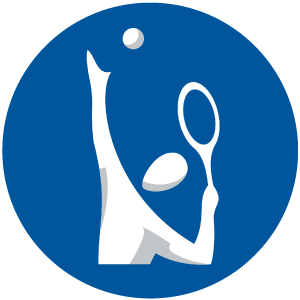 A circular blue icon featuring a white, stylized figure serving a tennis ball with a racket.