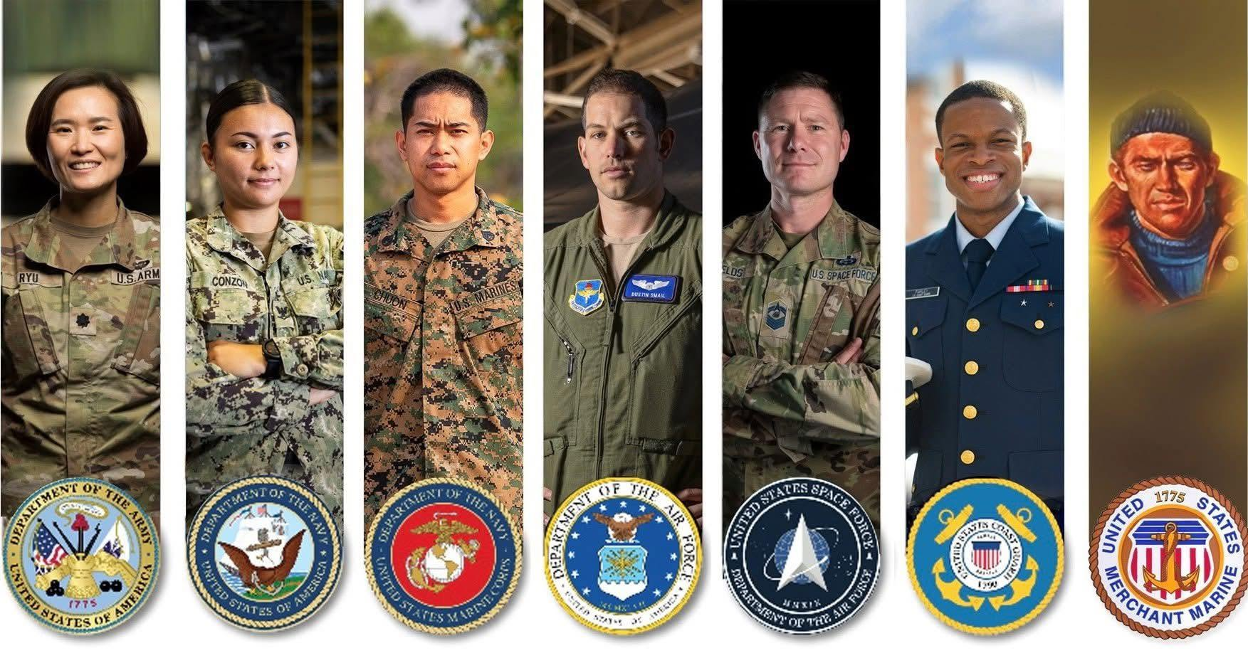 Seven vertical panels display portraits of diverse individuals representing the U.S. Army, Navy, Marine Corps, Air Force, Space Force, Coast Guard, and Merchant Marine. Each portrait is positioned directly above the official seal of its respective service branch.