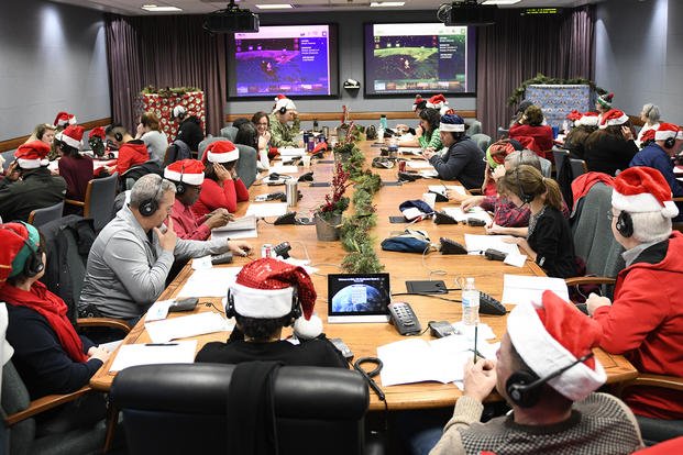A photo shows the 2018 NORAD Tracks Santa Operation Center on Peterson Air Force Base, Colorado, on Dec. 24. (Staff Sgt. Alexandra M. Longfellow/U.S. Air Force photo)