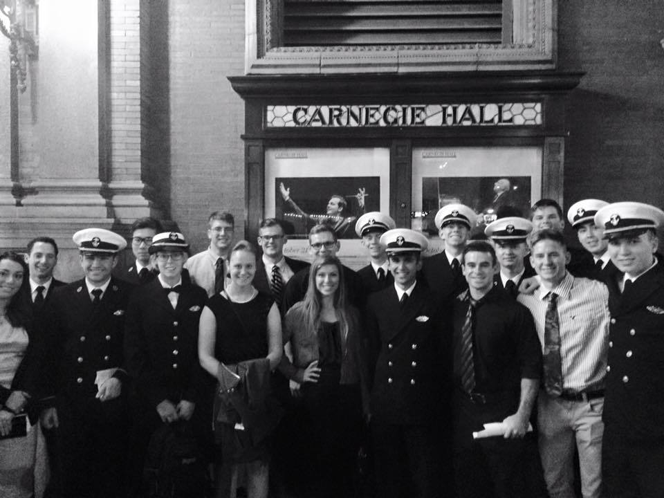 A vintage photo of midshipmen at Carnegie Hall.