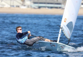 Carrson Pearce sailing in the 2019 ICSA Singlehand Nationals, Santa Barbara, California, November 9, 2019. Photo by Rick Dominique.