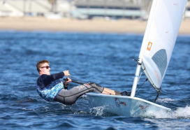 Carrson Pearce sailing in the 2019 ICSA Singlehand Nationals, Santa Barbara, California, November 9, 2019. Photo by Rick Dominique. 