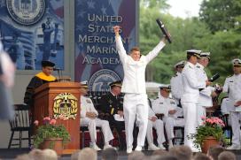 ENS Bueal Thomas George enthusiastically receives his degree and USCG License ENS Bueal Thomas George enthusiastically receives his degree and USCG License