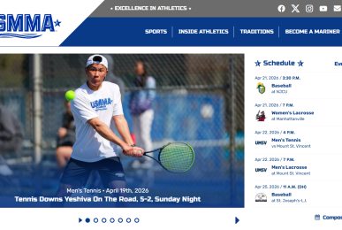 A screenshot of the USMMA athletics website homepage. The main feature is an action photo of a men's tennis player hitting a backhand, accompanied by a headline announcing a 5-2 victory over Yeshiva. A sidebar on the right displays the upcoming schedule for baseball, women's lacrosse, men's tennis, and men's lacrosse.